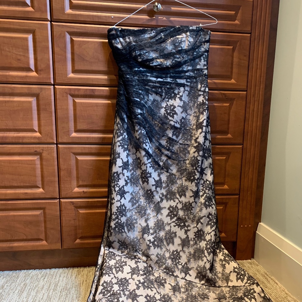 Long strapless black lace dress
